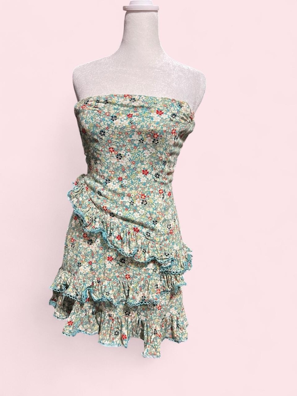Small Strapless Floral Ruffle Mini Dress - Turquoise - Picture 7 of 8